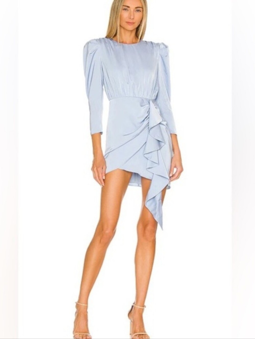 NBD Pandora Dress in Baby Blue Puff Sleeve Backless Ruched Mini REVOLVE Formal